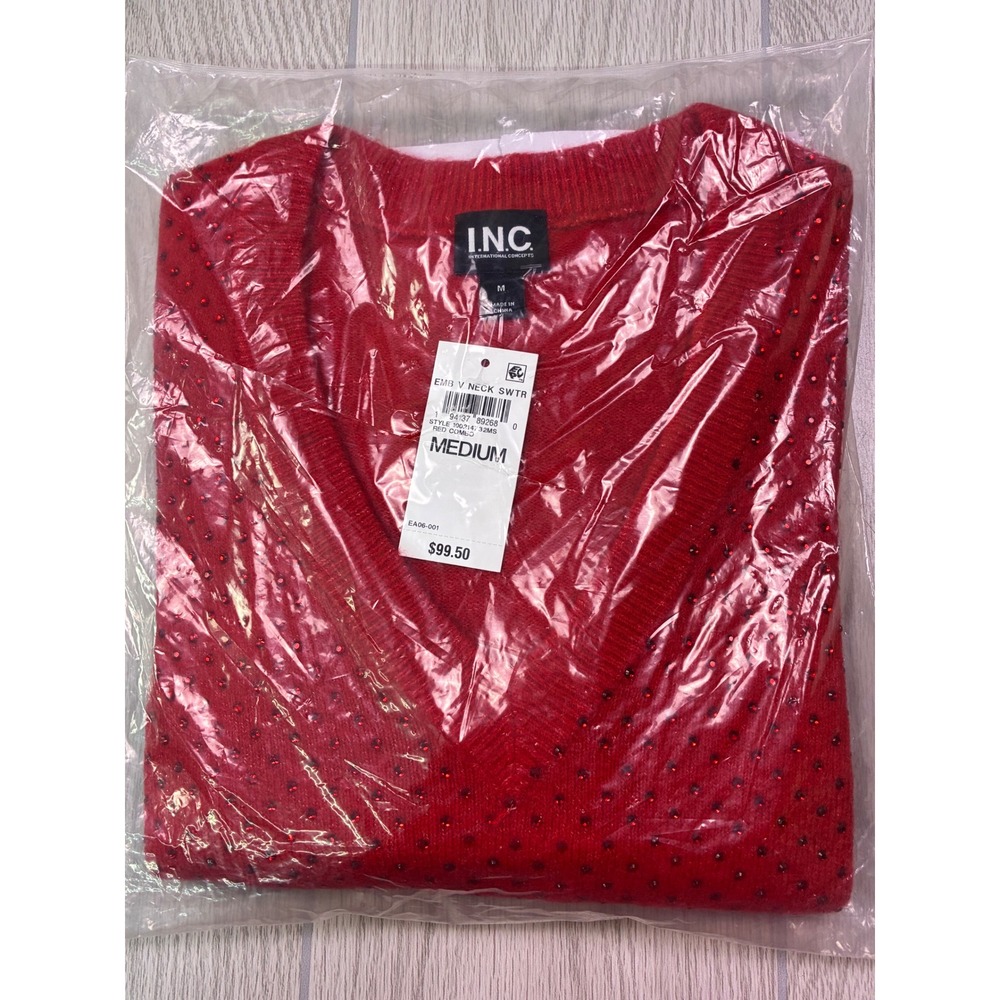 INC International Concepts Red Embellished V-Neck Wool Alpaca Sweater Medium NEW - Picture 5 of 5